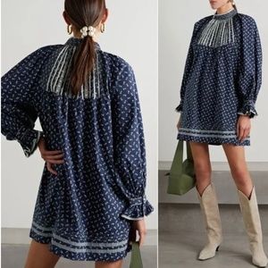 Doen Beatrice Navy Floral Crochet Lace Trimmed Poplin Mini Dress Indigo Calico